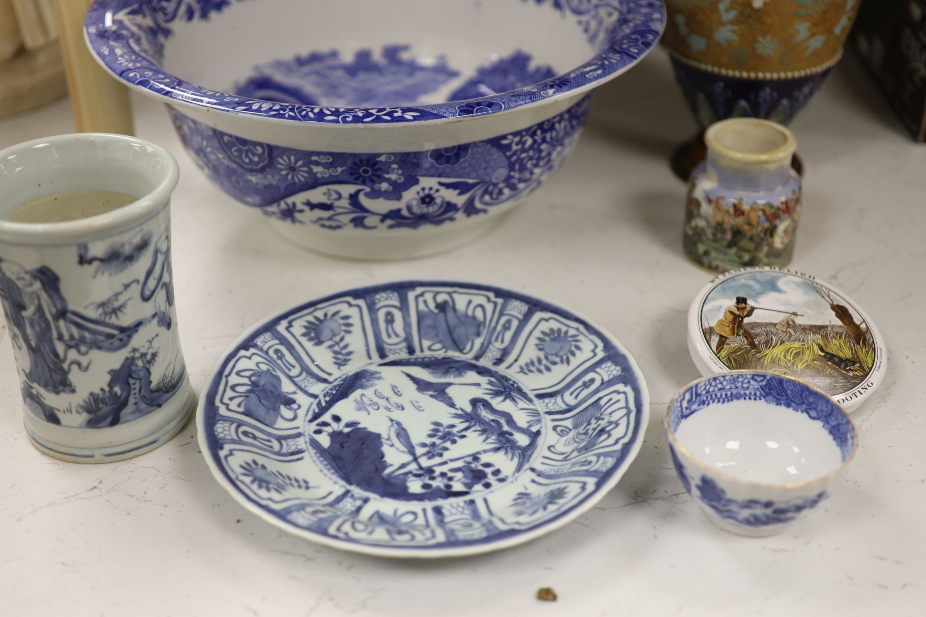 A pair of French Imari patterned vases, a blue and white Spode Italian bowl, diameter 36cm, etc.